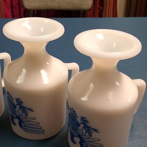 Milk Glass White and Blue Drinkware Set with Pedestal Design - Picture 7 of 8